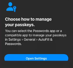 iOS Choose how to manage your passkeys system prompt