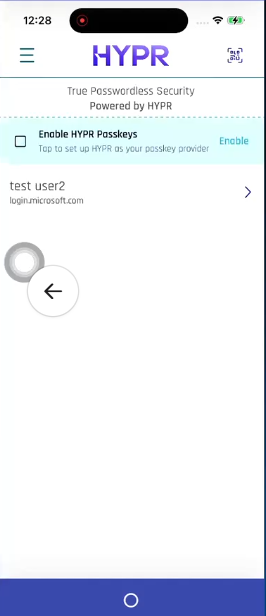 HYPR Mobile App on iOS with the Enable HYPR Passkeys banner on the My Passkeys screen