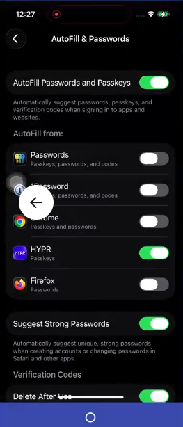 iOS AutoFill and Passwords settings with HYPR enabled