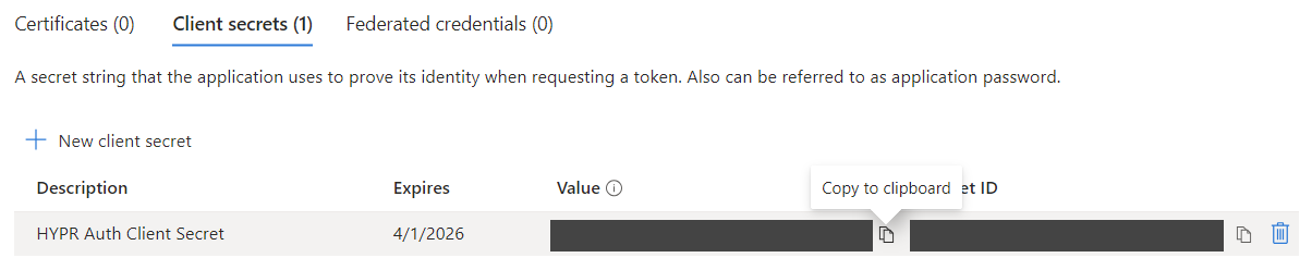 Client secrets tab with a new secret, its value hidden and the Copy to clipboard button highlighted