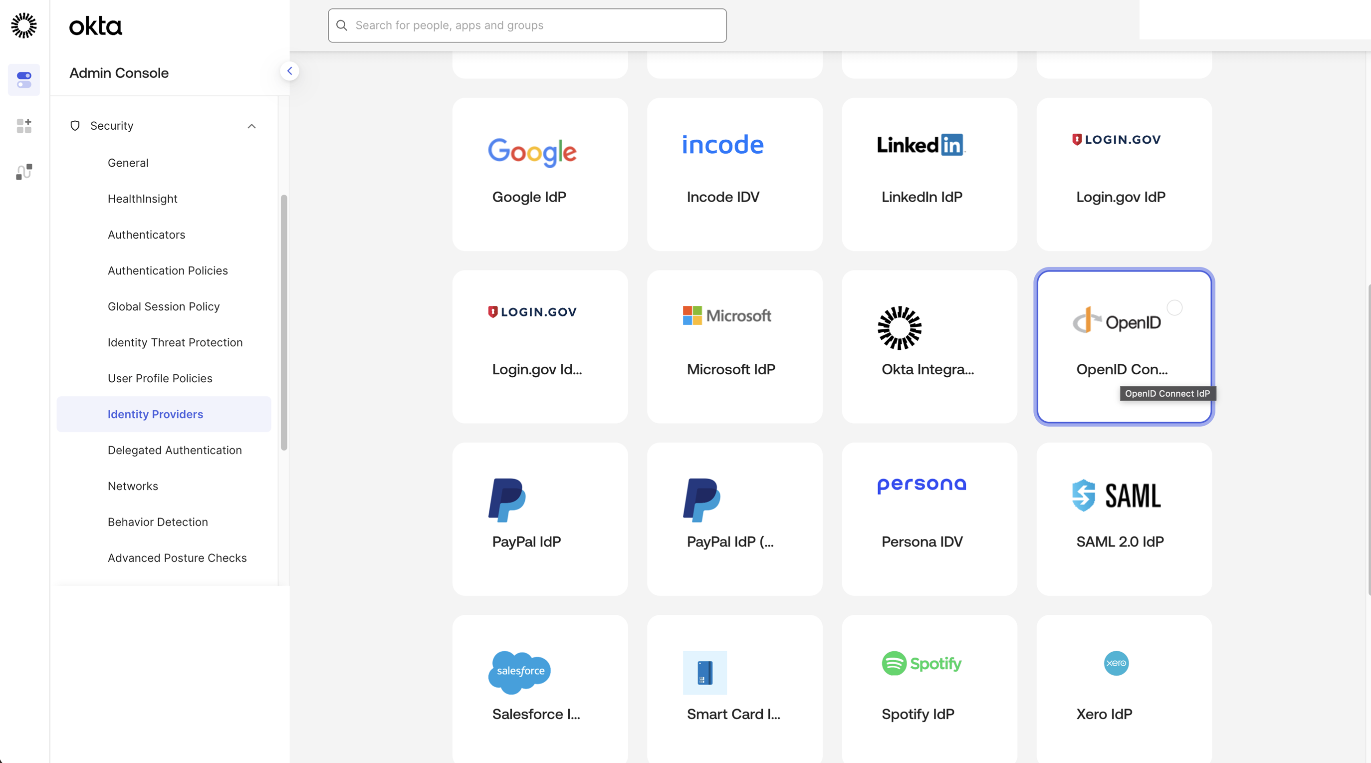 Okta Admin Console provider-type grid, with OpenID Connect IdP among the available identity providers