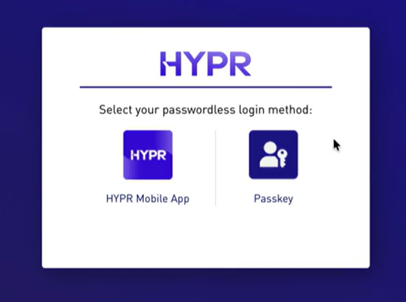 Web sign-in screen prompting the user to select either the HYPR Mobile App or Passkey