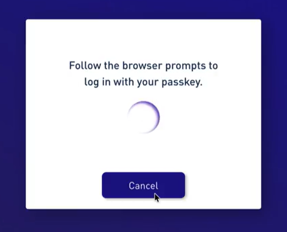 Web sign-in screen instructing the user to follow the browser prompts to log in with their passkey