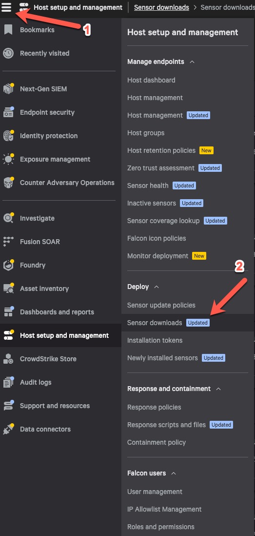 Sensor downloads menu